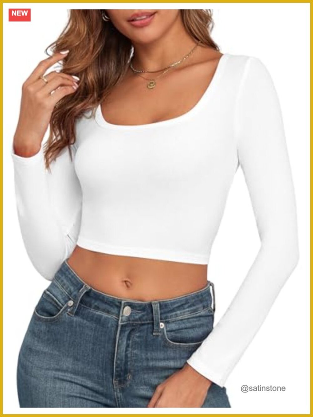 Long Sleeve Crop Top Women Ribbed Square Neck Slim Fit Y2K Tee